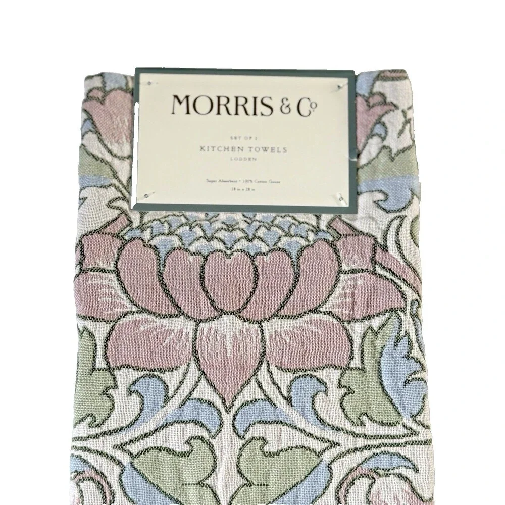 Morris & Co Kitchen Dish Towels Set of 2 Lodden 100% Cotton Fringe Pink Blue
